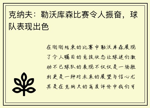 克纳夫：勒沃库森比赛令人振奋，球队表现出色